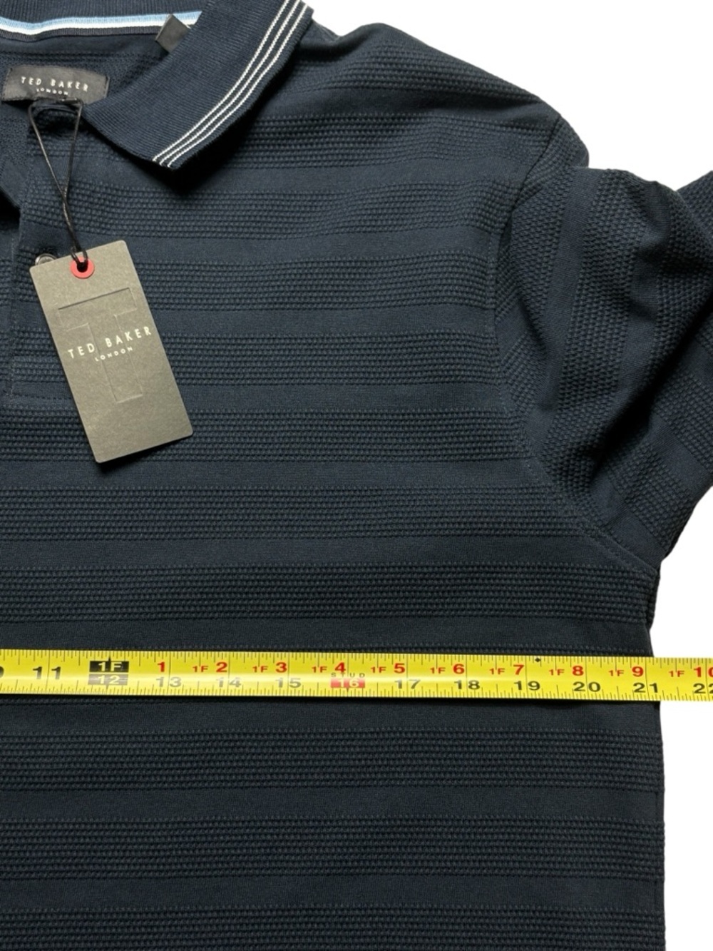 NWT Ted Baker Popcorn Stripe Long Sleeve Polo Size M Sky Captain Navy Blue - Picture 6 of 11